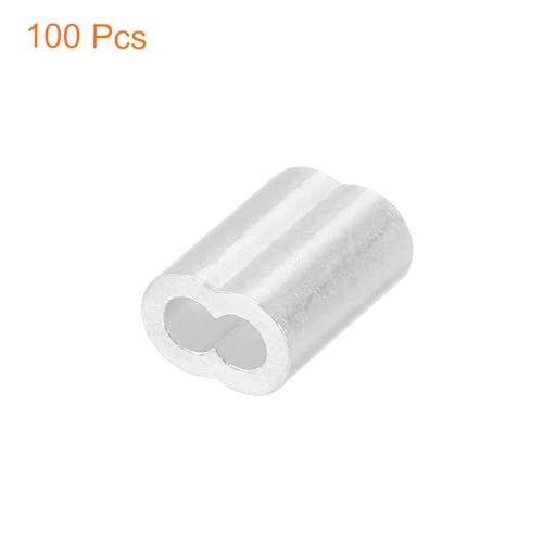 uxcell 100Pcs Aluminum Crimping Loop Sleeve for 3/32" Diameter Wire Rope, Double Ferrule Aluminum Wire Rope Sleeve for Cable Line End - size: 3/32"