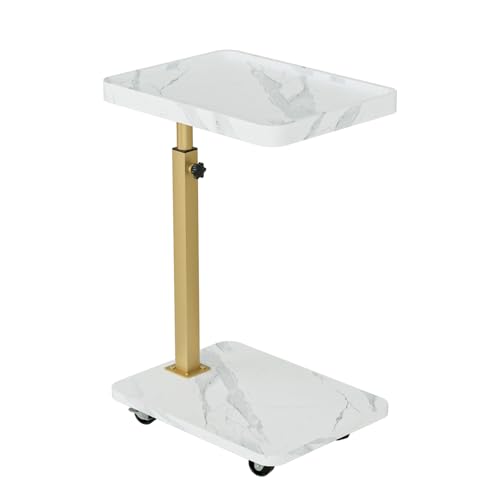 TV Tray Table, Adjustable Dinner Trays for Eating Table,360° Swivel& Sofa Armrest End Side Couch Snack Table for Sofa, Bedroom, Living Room, C Shaped End Table that Slide Under(White+Gold) - color: White Marble+gold