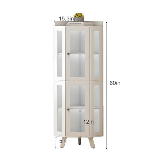 Corner Cabinet with Glass Doors, Curio Display Cabinet for Collectibles | Space-saving corner bookshelf with glass doors. 5-tier storage with open top. Sturdy and stylish for bedroom, living room