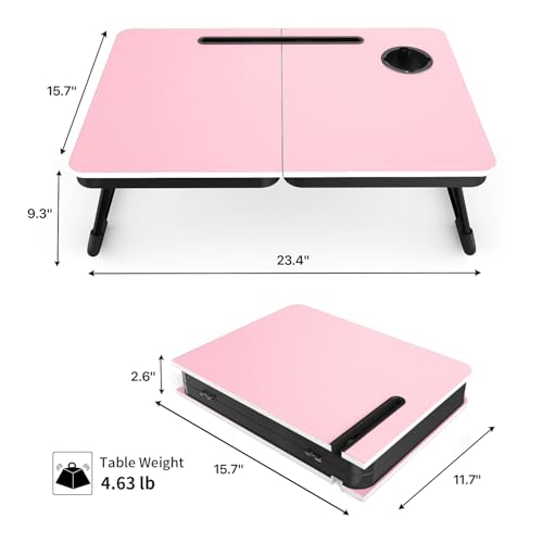 BUYIFY 23.4" Foldable Lap Desk Bed Table with Cup Holder Portable Tray Pink | Folds Flat for Easy Storage, No Assembly Laptop Bed Desk, Sturdy and Lightweight, Versatile for Work Eat Study, Patent Design - color: Pink