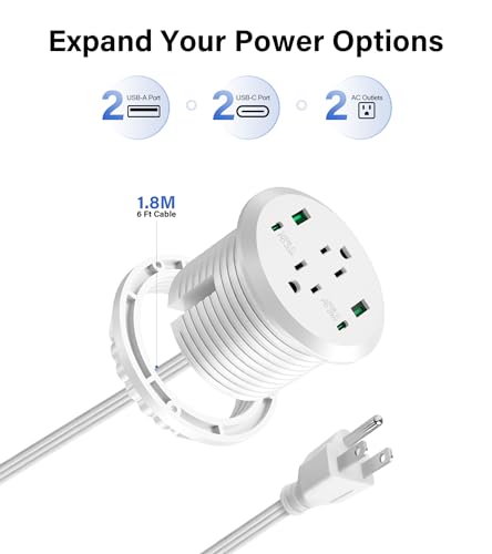 Desktop Power Grommet 3-inch Hole,40W Total Fast Charging Station, 2 PD 20W USB C Port,Flush-Mount Recessed Power Strip, 2 AC Outlets,4 USB Ports,in to The Top of Your Desk,6ft Cord - color: White