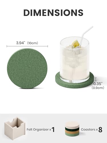 Fluxynara Felt Coasters for Drinks, Set of 8 Absorbent Coasters with Holder, Heat-Resistant & Reusable Round Design for Coffee Table & Living Room, 3.94 Inch, Moss Glimmer - color: Moss Glimmer, size: Round - 8 Count