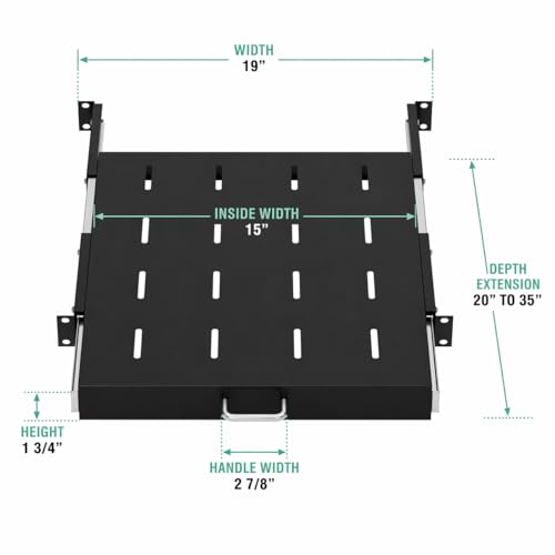 ynVISION.DESIGN 1U Sliding Rack Shelf – 20″ Deep Pull-Out Rack Mount Tray Extends to 35″, Fits 19″ 4-Post Server & AV Racks, Heavy Duty Steel Drawer Shelf, Network Cabinet Rack Shelf, 44 lb Capacity