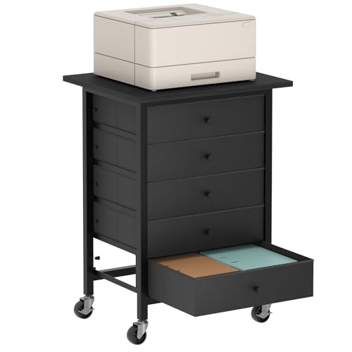 MAHANCRIS 5 Drawer File Cabinet,Rolling Filing Chest Cabinet with Wheels, Under Desk Storage Organizer, Printer Stand with Non-Woven Fabric Drawer, for Home Office, Study, Black FCBK4801 - color: Black