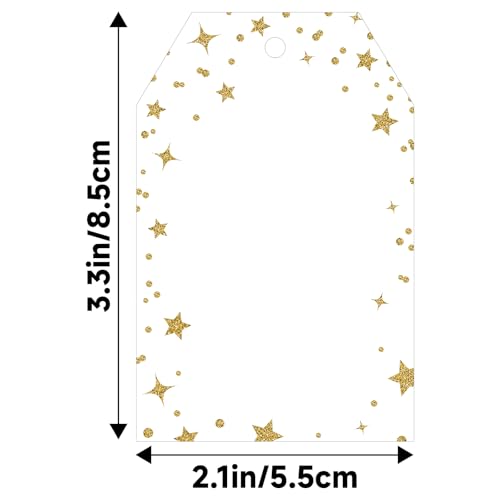 G2PLUS Gold Gift Tags with String, 100PCS Gold Stars Polka Dots Blank Gift Tags, White Paper Hanging Labels Stars Dots Name Tag for Present Wrapping, Birthday, Wedding, Christmas Party Favors - style: Gold Star Dots Border