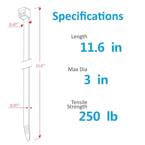 Industrial Zip Ties Heavy Duty with 250 lbs Tensile Strength, 11.6 inch, Electrical Cable Ties Heavy Duty, 50 Pieces, Wide and Thick Zip Ties, by Karoka - size: 11.6" 250lb (50 Pack)