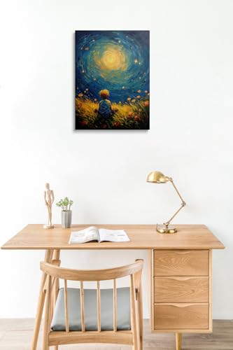 Starry Sky Child Canvas Wall Art Framed Dreamy Moonlight Painting Prints Posters Wrapped Canvas Wall Decor Blue Night Flower Field Artwork for Bedroom Nursery Living Room Home Gift 12x16 Inches - color: Cute Kid, size: 16"L x 12"W