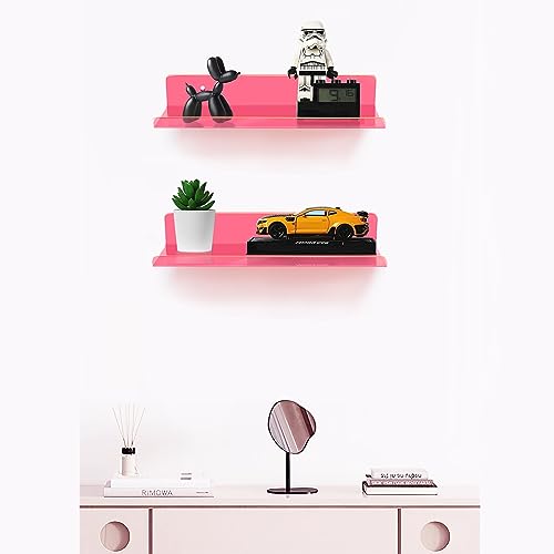 ROYALITA Small Acrylic Shelves Wall Mounted | Set of 2 | 12 Inches | Wall Hanging Plant Display Shelves, Room Decor Floating Wall Shelves for Gaming Room Bedroom, Living Room, Office, Pink - color: Neon Pink, size: 12 Inch