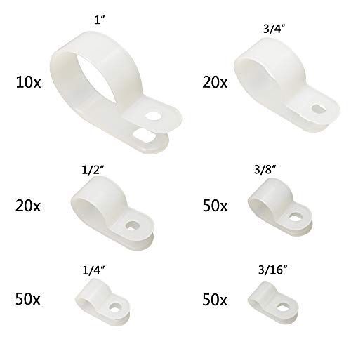 Cable Clamp 200 Pcs Black Nylon Screws Plastic R-Type Cable Clamp Clips Fasteners Assortment for Cable Conduit 6 Sizes 3/16" to 1" - White - size: 6 Sizes_200 Pcs_White