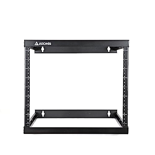 AEONS 8U 2-Post Wall Mount Open Frame 19-Inch IT Network Server A/V Equipment Rack 18” Depth 12-24 Threaded 150lbs Weight Capacity, Black - style: 8U-2Post