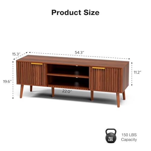 LCRBOL TV Stand with Fluted Doors for TVs up to 65", Mid-Century, Walnut | 54.3"W x 15.3"D x 19.6"H, 150 lbs capacity, 2 fluted door cabinets & 2 adjustable shelves, cable holes, 5 tapered legs - color: Walnut