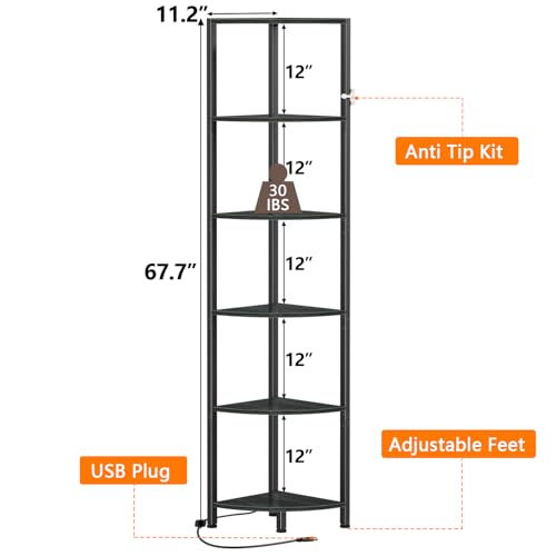 Furnulem 6 Tier Corner Shelf with LED Light, 67.5” Tall Standing Shelf Organizer, Black Narrow Bookshelf with Storage Rack for Wall Corner, Living Room, Bedroom, Metal Frame, Wood Display Shelf - color: Black Oak