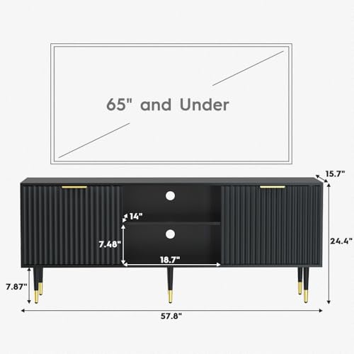 58'' Fluted TV Stand, Mid-Century Modern TV Console for 65/70/75 Inch TV, Wood Entertainment Center with Storage, Sliding Doors, Adjustable Shelves and Media Console for Living Room, Bedroom, Black - color: Black, size: 57.8"