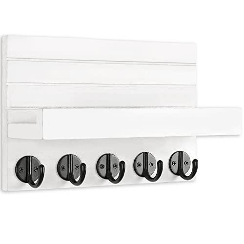Lwenki Key Holder for Wall, Decorative Key and Mail Holder with Shelf Has Large Key Hooks for Bags, Coats, Umbrella – Paulownia Wood Key Hanger with Mounting Hardware (9.8”W x 6.7”H x 4.2”D) - color: White