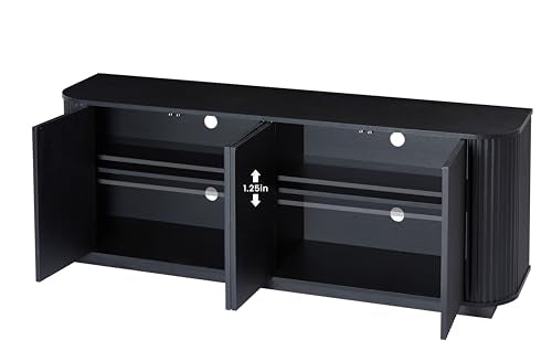 64" Modern TV Stand Sideboard Storage Cabinet, Wooden Curved TV Console with Sliding Doors, Wave Pattern Buffet Cabinet Wooden Vertical Striped Table for Kitchen/Bedroom/Entryway (Black) - color: Black