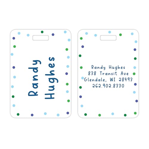 Personalized Blue Polka Dot Luggage Tag / 2.75" x 4" Custom Abstract Bag Tag/Double Sided Durable Plastic Luggage Tag with Plastic Strap/Made in The USA - style: Blue Dots
