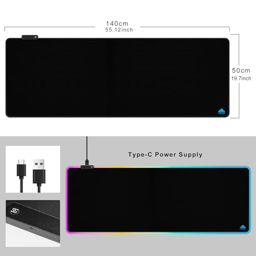 Cacoy 55" x 20" RGB Gaming Mouse Pad XXL, Large LED Lighting Desk Mat, 9-Light Mode Keyboard Pad with Non-Slip Rubber Base and Smooth Surface, Extended Computer Mousepad for Game, Office & Home, Black - color: Rgb, size: 55" x 20"
