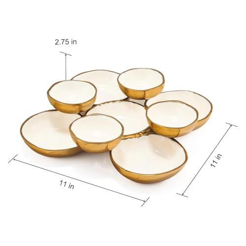 Cluster of 9 Serving Bowls, One-Piece Set, Gold White Brass Multi-Bowl Display Tray for Snacks Nuts Chips Appetizers, Modern Home Entertaining Centerpiece Dining Parties Housewarming Wedding Gifts 11" - color: Enamel White and Gold 9 Cluster 11"