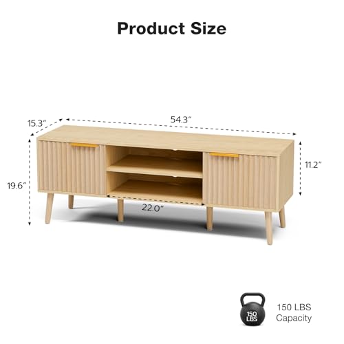 LCRBOL TV Stand with Fluted Doors for TVs up to 65", Modern, Natural | 54.3"W x 15.3"D x 19.6"H, 150 lbs capacity, 2 fluted door cabinets & 2 adjustable shelves, cable holes, 5 tapered legs. - color: Oak