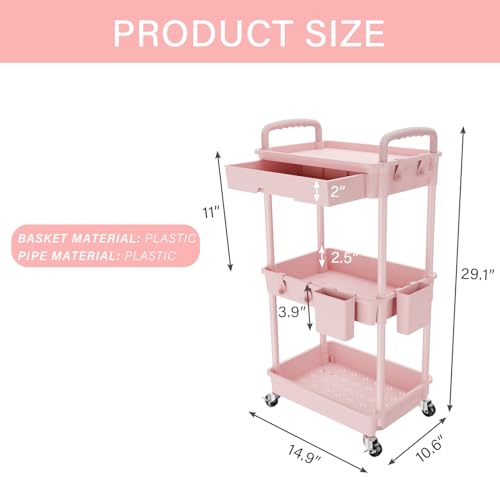 REBECAT 3 Tier Rolling Utility Cart with Drawer,Storage Cart,Rolling Cart for Kitchen,Bathroom,Living Room,Storage Organizer with Iron Wheels(Pink - color: Pink