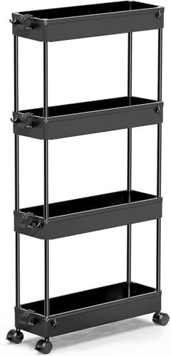SPACEKEEPER Slim Rolling Storage Cart 4 Tier Bathroom Organizer Cart Mobile Shelving Unit Slide Out Utility Cart for Kitchen, Bthroom, Makeup, Craft, Laundry Narrow Places, Black - color: Black