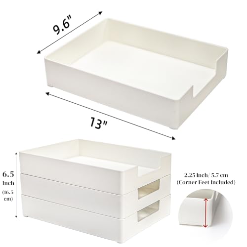 Eorbow 3 Pack Letter Tray, Plastic Stackable A4 Paper Trays, Rectangular Desk Drawer Organizer, File Holder for Desktop, Office Supplies Storage, White