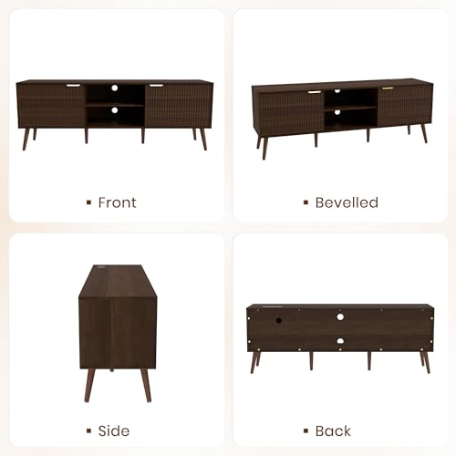 TV Stand for Living Room to 55/60/65/70 Inches, Mid Century Modern TV Consoles with Power Outlet, Entertainment Center with Door Cabinets and Open Shelves for Living Room, Bedroom, Walnut