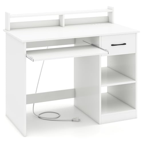 Giantex White Desk with Drawers, Modern Home Office Desk with Keyboard Tray, Monitor Stand & Adjustable Shelf, PC Laptop Table Computer Workstation, Study Writing Desk for Small Spaces, Bedroom