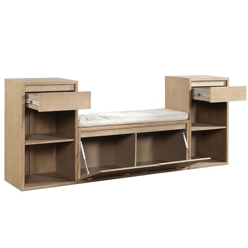JIJIWANG 77.48" W Entryway Storage Bench with Cushion, 4-in-1 Hallway Bench with Drawers, Compartments and Open Shelves, Mudroom Bench for Shoes and Storage, Brown - color: Brown