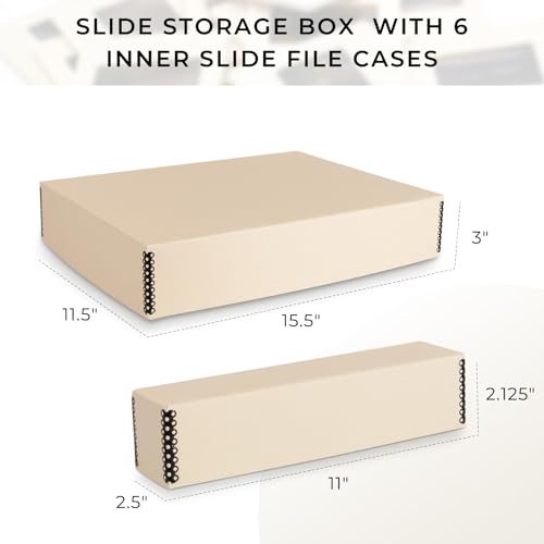 Golden State Art, Archival Slide Storage Box, Tan, 15.5"x11.5"x3" | Acid-Free Metal Edge Organizer With 6 Inner File Cases, Holds Up to 840 Films, For Storing Photos and Negatives - size: 15.5" x 11.5" x 3"