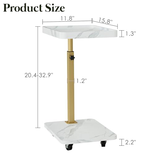 TV Tray Table, Adjustable Dinner Trays for Eating Table,360° Swivel& Sofa Armrest End Side Couch Snack Table for Sofa, Bedroom, Living Room, C Shaped End Table that Slide Under(White+Gold) - color: White Marble+gold