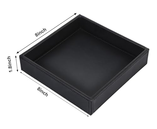 HofferRuffer Faux Leather Vanity Tray, Elegant Desktop Storage Organizer, Decorative Catchall for Perfume, Bathroom Valet, Nightstand or Dresser, 8 x 8 x 1.8 inches (Black) - color: Black, size: 8" x 8" x 1.8"