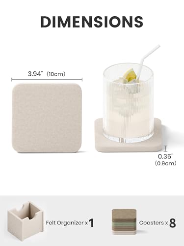 Fluxynara Felt Coasters for Drinks, Set of 8 Absorbent Coasters with Holder, Heat-Resistant & Reusable Square Design for Coffee Table & Living Room, 3.94 Inch, Linen Dusk - color: Linen Dusk, size: Square - 8 Count