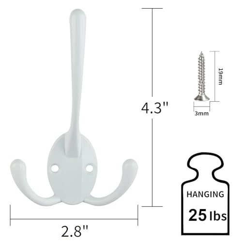 IBosins 6 Pack Big Heavy Duty Three Prongs Coat Hooks Wall Mounted with 12 Screws Retro Double Utility Rustic Hooks for Thick Coat, Big Heavy Bags (White) - color: White