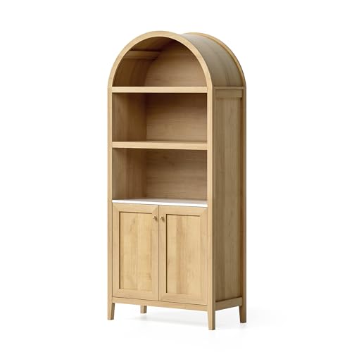 EYYTHUNG 71" Tall Arched Cabinet, 5-Tier Arched Bookcase Storage Display Cabinet with Faux Marble Tabletop, Modern Farmhouse Bookshelf Kitchen Pantry Cabinet for Living Room Home Office, Natural Oak - color: Natural Oak