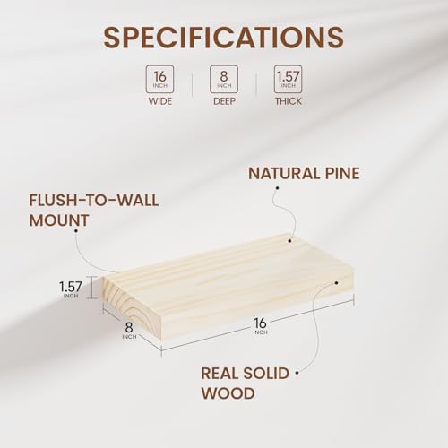 Heimlove Unfinished Wood Floating Shelves, Pine Shelves for Wall Set of 2, Wall Mounted Rustic Wood 8 Inch Deep Floating Shelf with Invisible Brackets for Bedroom Kitchen Living Room - Natural, 16x8 - color: Natural, size: 16”Wx8”Dx1.6”H