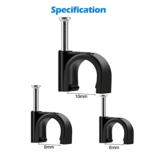 Cable Clips Black with Steel Nails 10mm Wire Clips to Wall, Black Round Cable Nail Clips (0.39in/10mm)