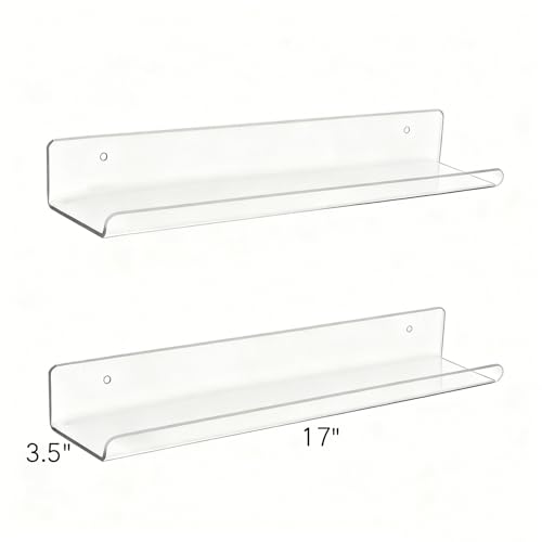 ROYALITA Small Acrylic Shelves Wall Mounted | Set of 2 | 17 Inches | Wall Hanging Plant Display Shelves, Room Decor Floating Wall Shelves for Gaming Room Bedroom, Living Room, Office, Clear - color: Clear, size: 17 Inch
