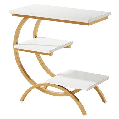 Tribesigns C-Shaped End Table, Industrial 3-Tier Small Side Table for Couch, Wood Bedside Table Snack Side Table with Storage Shelves for Living Room Small Space, White Gold - color: White Gold