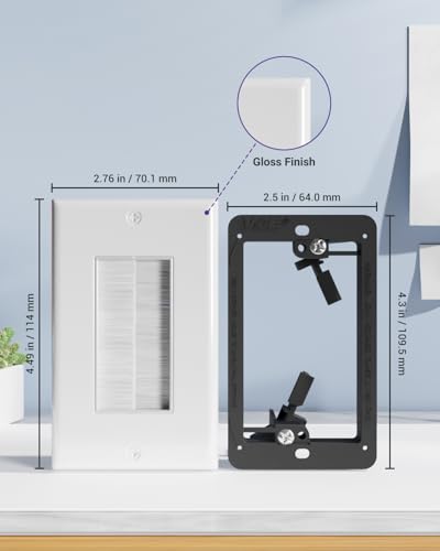 VCE Brush Wall Plate Cable Pass Through with Bracket, Decorator Cover for Low Voltage Cables - White, 2-Pack - color: White