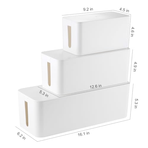 3 Pack Cable Management Box with 18 PCS Cable Management Set - Large & Medium & Small Cable Organizer Box to Hide Wires & Power Strips | TV Cord Organizer Box | for Home & Office, White - color: White