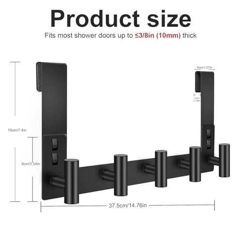 PMMASTO Shower Door Hooks, (7.5 Inch) Extended Towel Hook for Bathroom Frameless Glass Shower Doors, Stainless Steel Heavy Duty Holder for Hanging Robe,Towel (Black 5 T-Hooks-Fits 3/8" Thick Door) - color: Black, size: 7.5 Inch-5 T-Hooks, Fits 3/8" Thick