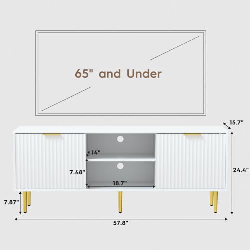 58'' Fluted TV Stand, Mid-Century Modern TV Console for 65/70/75 Inch TV, Wood Entertainment Center with Storage, Sliding Doors, Adjustable Shelves and Media Console for Living Room, Bedroom, White - color: White, size: 57.8"