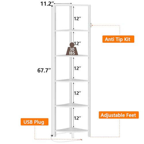 Furnulem 6 Tier Corner Shelf with LED Light, 67.5” Tall Standing Shelf Organizer, White Narrow Bookshelf with Storage Rack for Wall Corner, Living Room, Bedroom, Metal Frame, Wood Display Shelf - color: White
