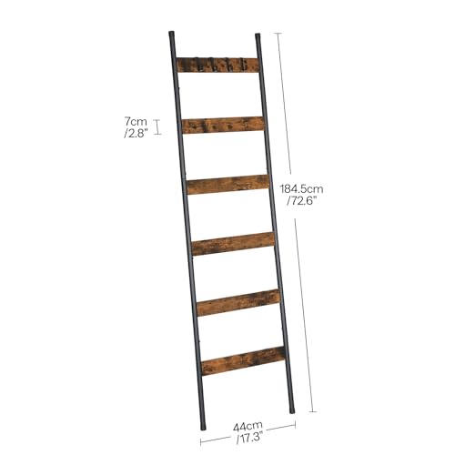 HOOBRO Blanket Ladder, 6-Tier Towel Rack with Hooks, Wall-Leaning Blanket Rack, Decorative Display Ladder Shelf, Scarves, Industrial, Living Room, Bedroom, Rustic Brown and Black BF66CJ01 - color: Rustic Brown + Black, size: 17.3"L x 72.6"W