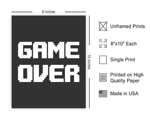 Poster Master Game Over Print - Gaming Poster - Geeky Art - Black & White Typography Design - Gamer Gift - Minimal Game Room, Man Cave or Boy's Bedroom Decor - 8x10 UNFRAMED Wall Art - color: Style-02, size: 8"L x 10"W