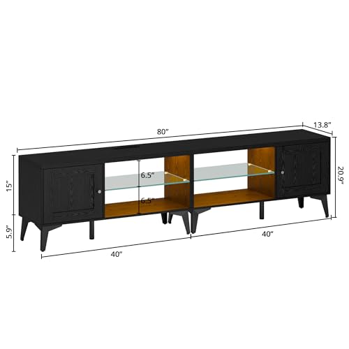 LIKIMIO 2-in-1 TV Stand for 85 Inch TV, Black TV Consoles with LED Lights | 2 Storage Cabinets & Adjustable Glass Shelves, with Charging Station, TV Table for Living Room & Bedroom