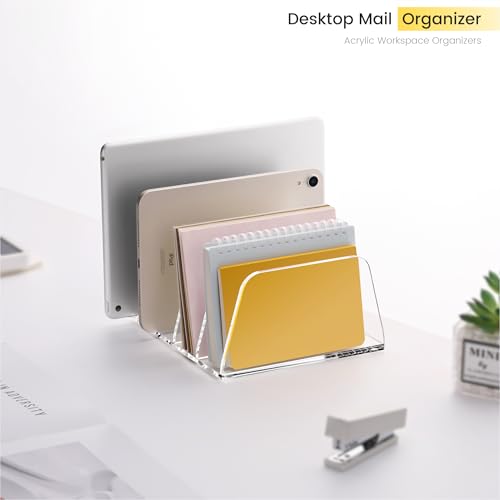 YUXUN Acrylic File Sorter,6.9"x6.6"x3.74",4 Sections Vertical Desk Organizer,Clear Mail Organizer File Holder Stand Rack Desk Accessories for Mail,Envelope,Letter,Notebook for Home/Office/Classroom - style: 4-Section,A5