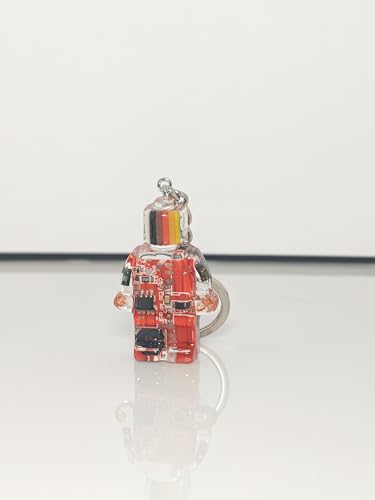Upcycled Circuit Board Robot Keychain, Handmade Real PCB Resin Charm, Unique Cyberpunk Gift for IT - color: Red