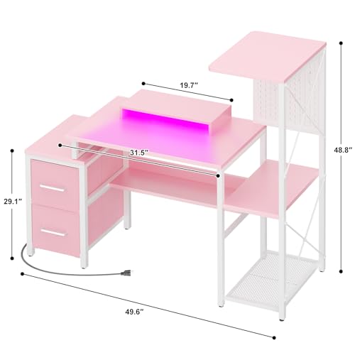 Small Gaming Desk with 2 Fabric Drawers - Reversible Computer Desk with Power Outlet & LED Lights, 49" Office Desk with Monitor Stand & Storage Shelves, Writing Study Table with Pegboard, Pink - color: Pink